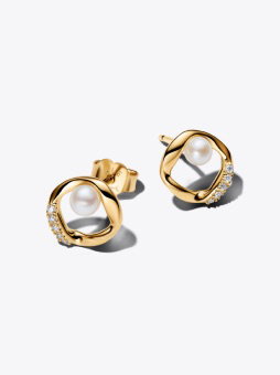 Organically Shaped Pavé Circle & Treated Freshwater Cultured Pearl Stud Earrings