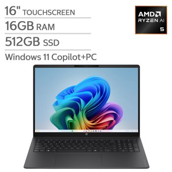 HP OmniBook 3 16-inch Touchscreen Laptop - AMD Ryzen AI 5 330 - Copilot+ PC - 2K (1920 x 1200) - 16GB Memory - 512GB SSD - Windows 11 Home