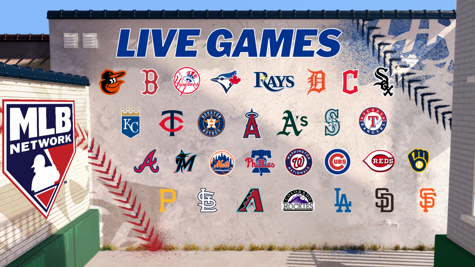 MLB Network’s logo alongside all 30 team logos beneath a heading that reads ‘Live Games’