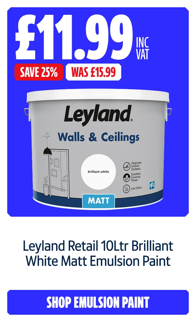 Save 25% on Leyland Retail 10Ltr Brilliant White Matt Emulsion Paint. Now £11.99 Inc VAT Was £15.99. Shop emulsion paint