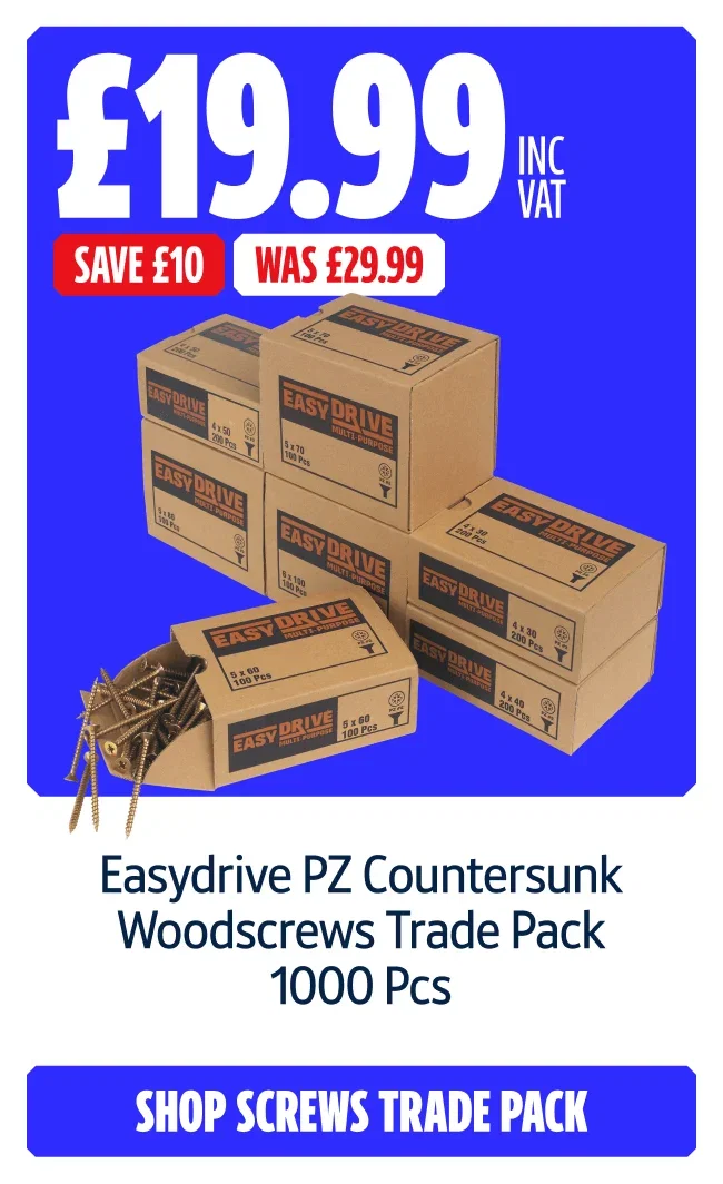 Save £10 on Easydrive PZ Countersunk Woodscrews Trade Pack 1000 Pcs. Now £19.99 Inc VAT Was £29.99. Shop screws trade packs