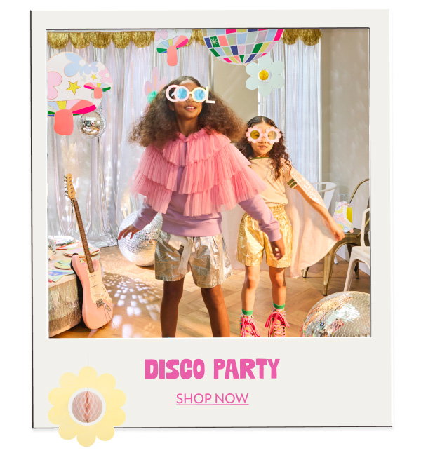 glittering decorations, disco balls, metallic accents