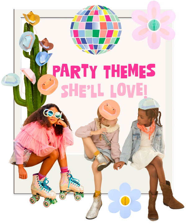 party table setup, supplies, favor bags, garlands