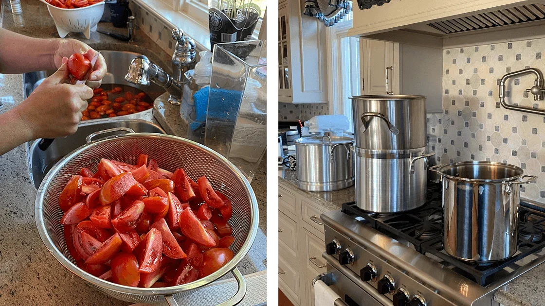 Quartered tomatoes drained in a colander are then cooked in oversize stockpots.