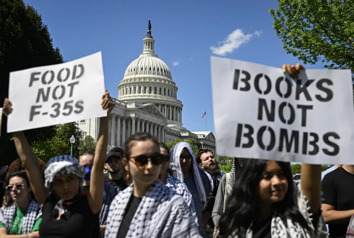 Pro-Palestinian demonstrators hold a rally outside the Capitol building after the House of Representatives passed a legislation providing $26 billion aid to Israel, in Washington, DC, on April 20, 2024. Celal Gunes/Anadolu via Getty Images