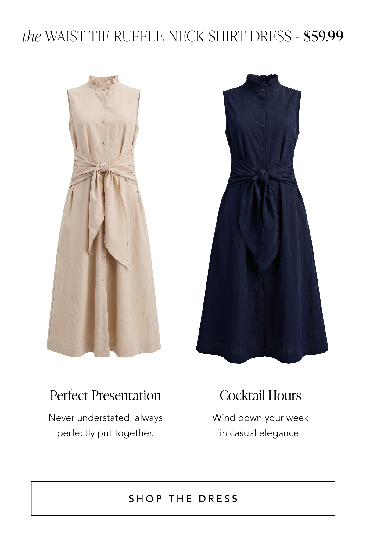 Sleeveless Shirt Mini Dress with Waist Tie And Ruffle Neck