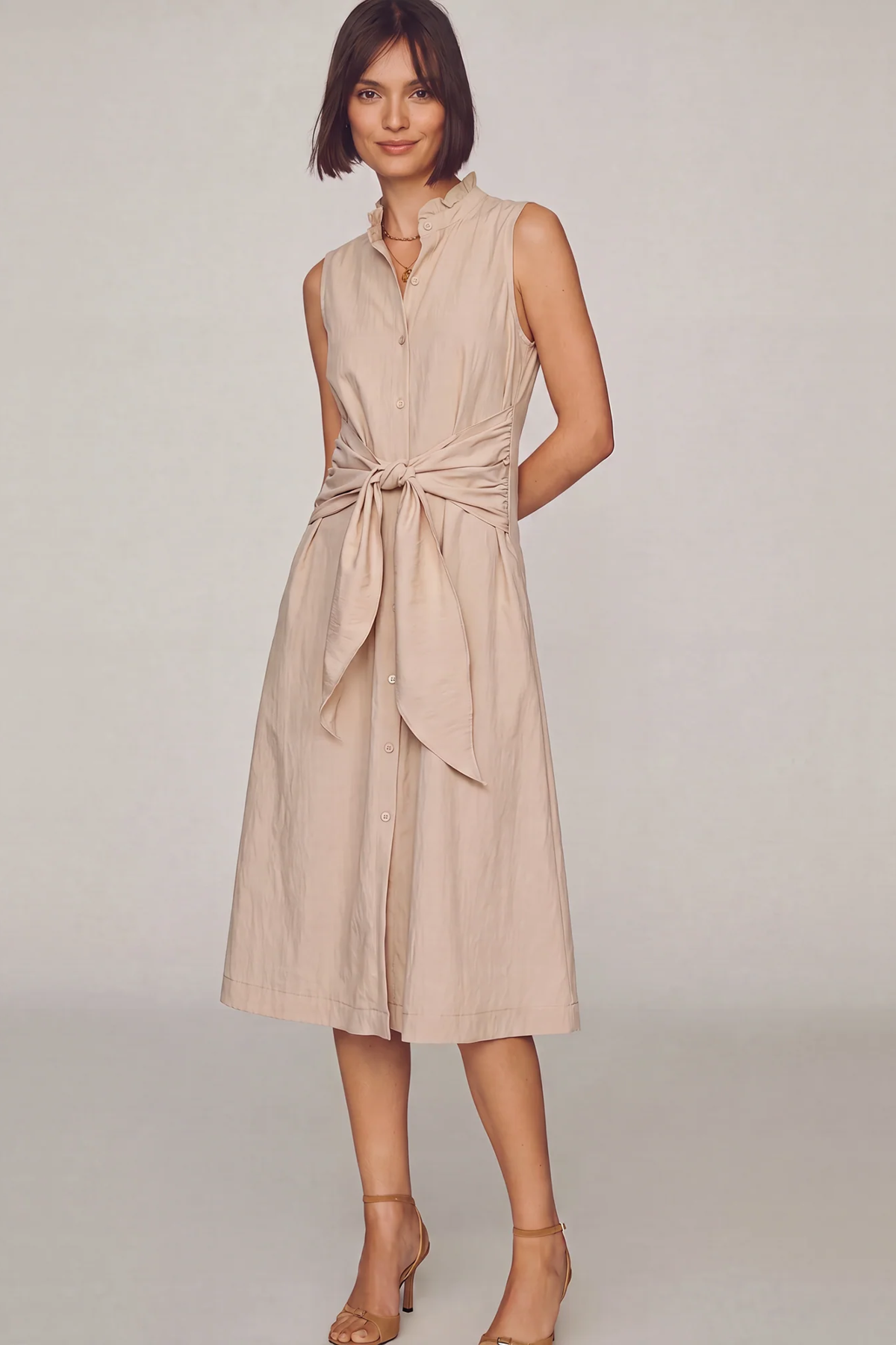 Sleeveless Shirt Mini Dress with Waist Tie And Ruffle Neck