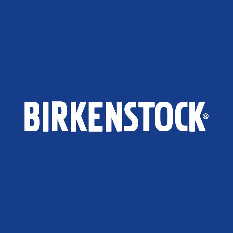 Birkenstock logo in white uppercase letters on a solid blue background