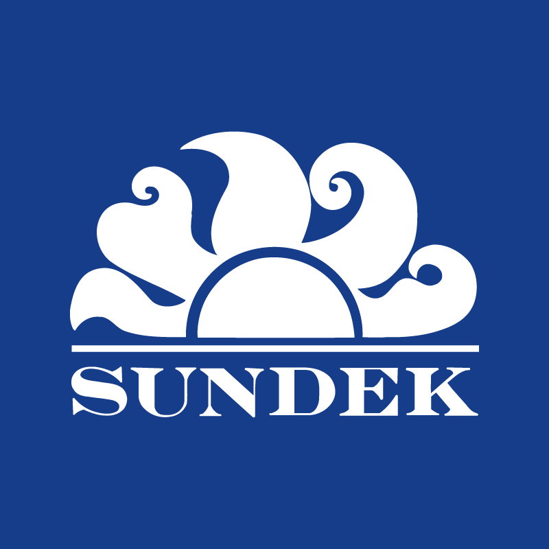 Sundek logo: white stylised rising sun and waves above a horizontal line with 'SUNDEK' text on blue background