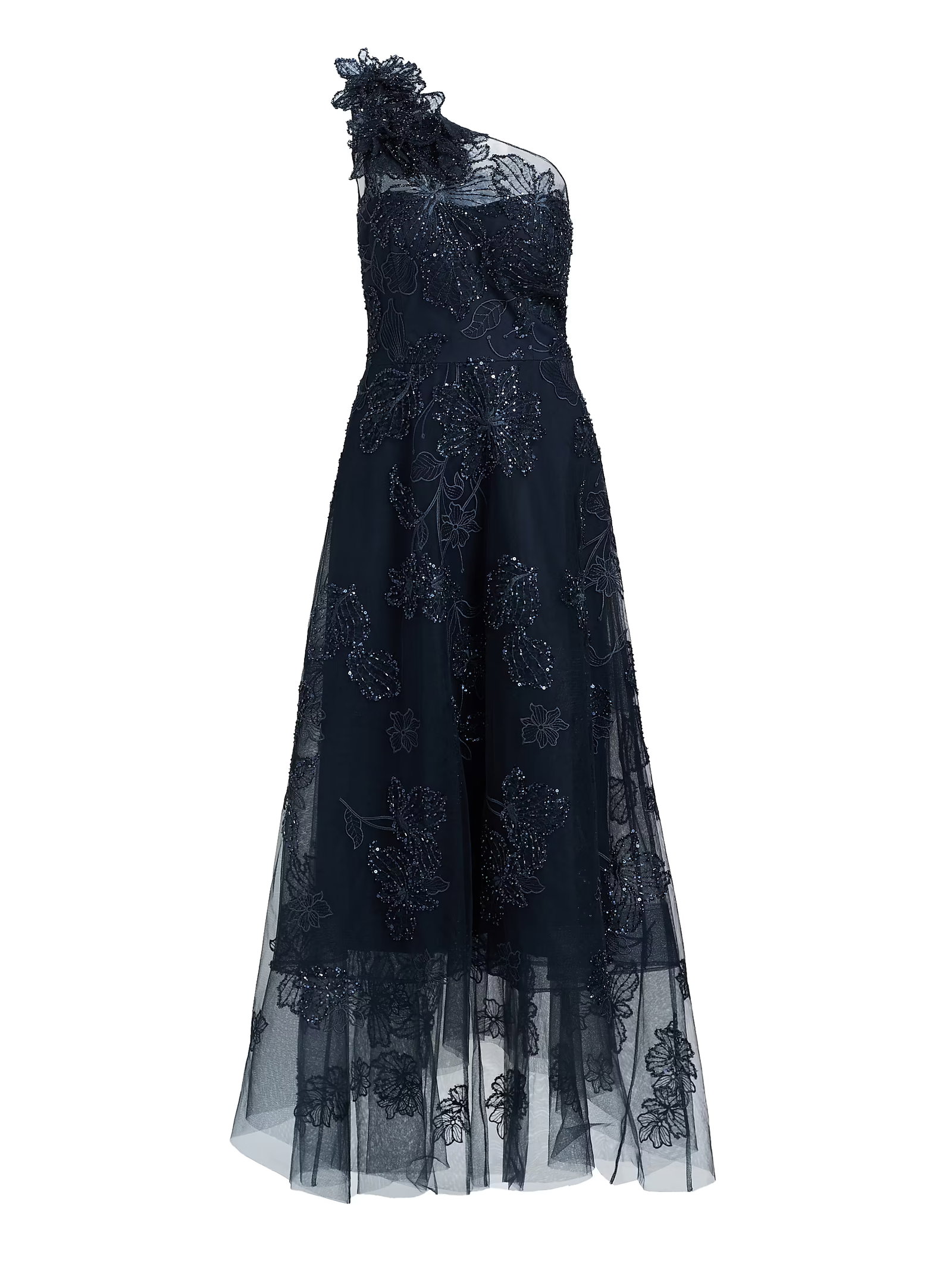 Teri Jon By Rickie Freeman Flower Embellished One-Shoulder Tea-Length Dress