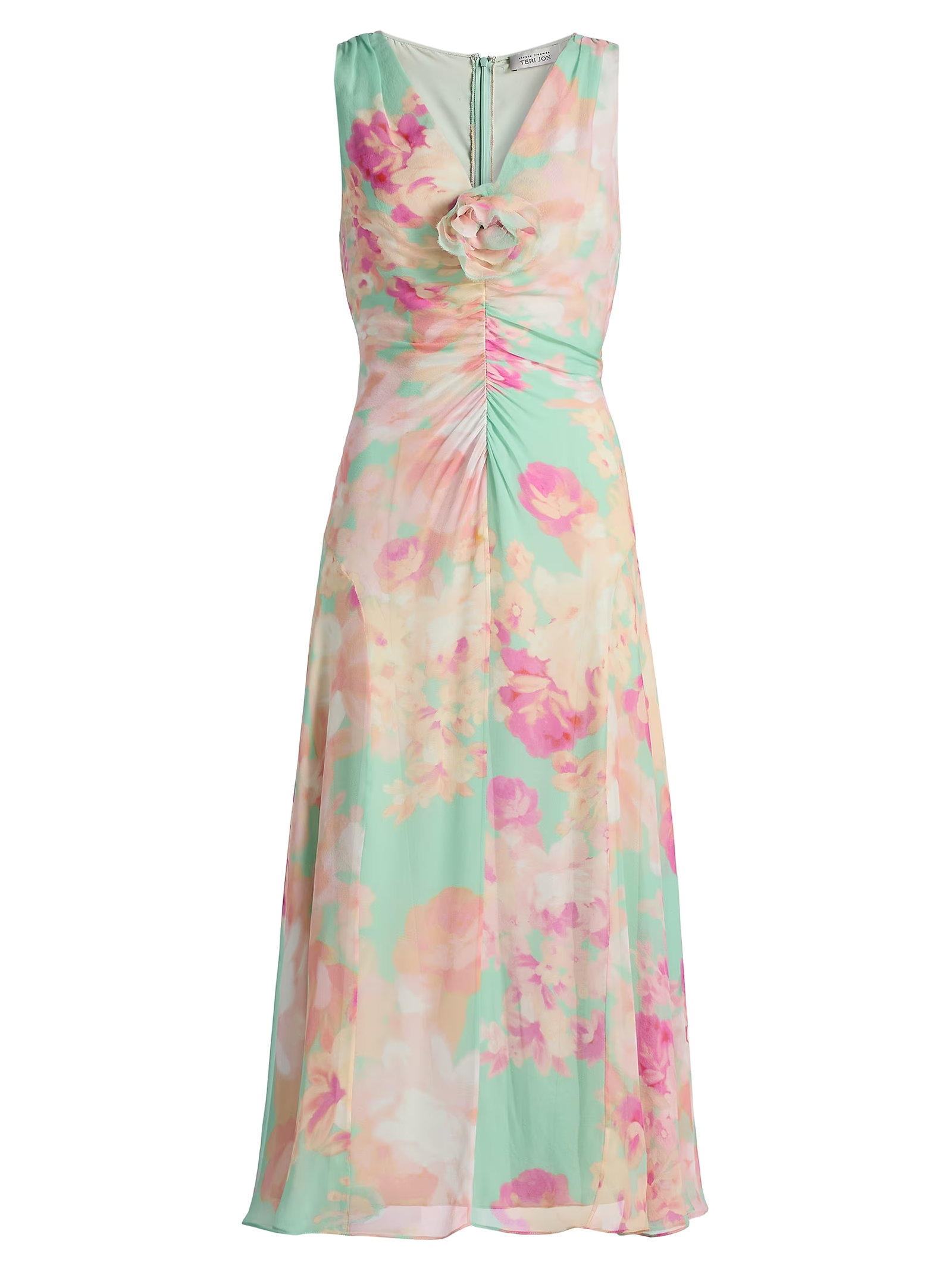 Teri Jon By Rickie Freeman Floral Silk Chiffon Ruched-Front Midi-Dress