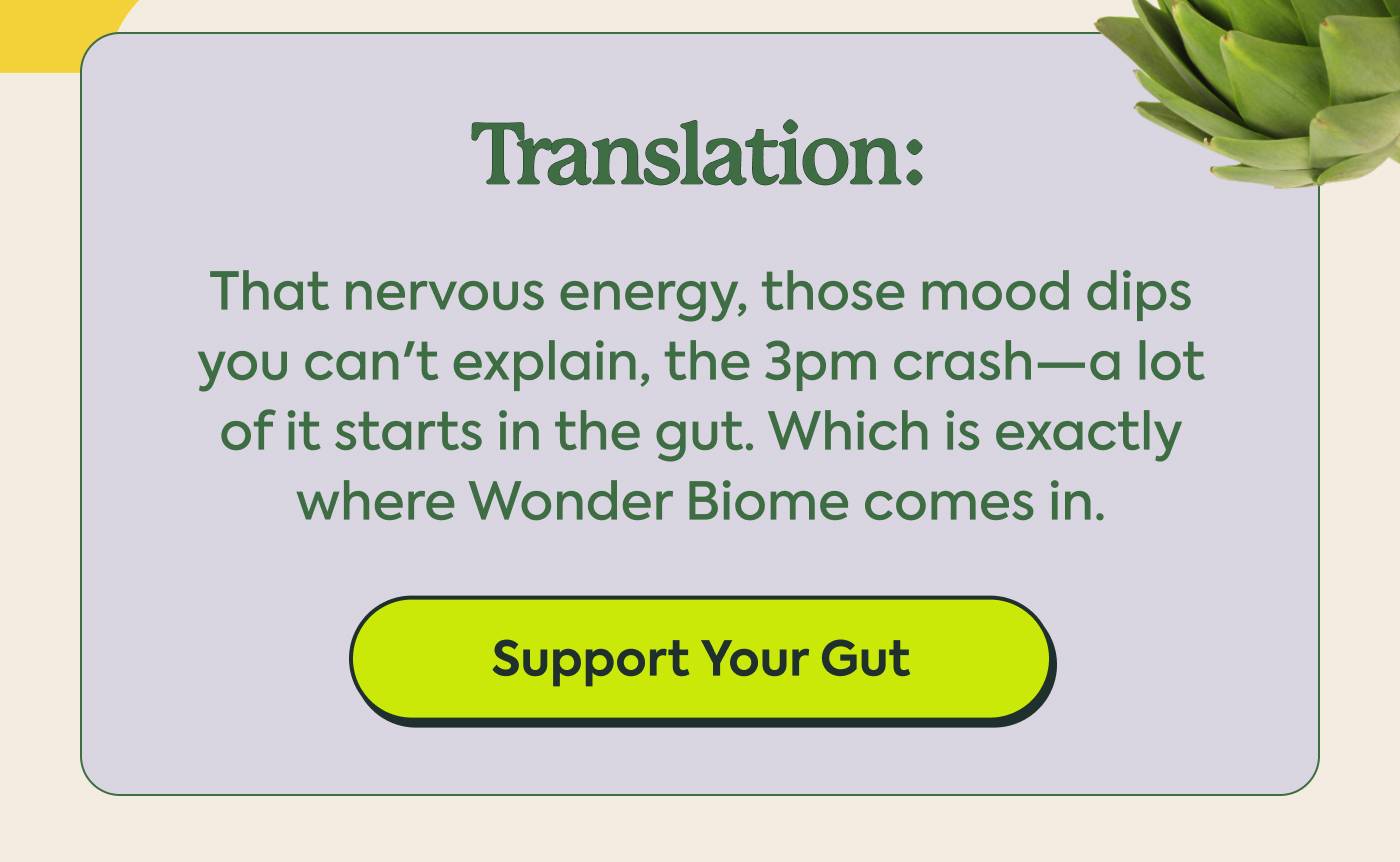 "That nervous energy, those mood dips you can't explain, the 3pm crash—a lot of it starts in the gut. Which is exactly where Wonder Biome comes in." Support Your Gut