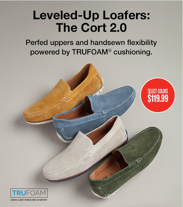 Four Cort 2.0 loafers in tan, blue, ivory, and green displayed on a neutral background. Text reads: 