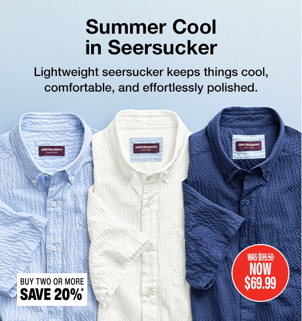 Three seersucker shirts in light blue, white, and navy displayed on a light blue background. Text reads: 