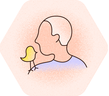 Eine Illustration eines Kopfes mit einem kleinen gelben Vogel auf der Schulter.