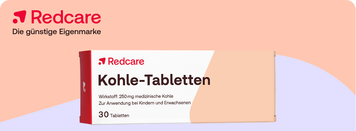 Illustration von Kohle-Tabletten zur Einnahme bei Magen- &Darmbeschwerden der Marke Redcare.