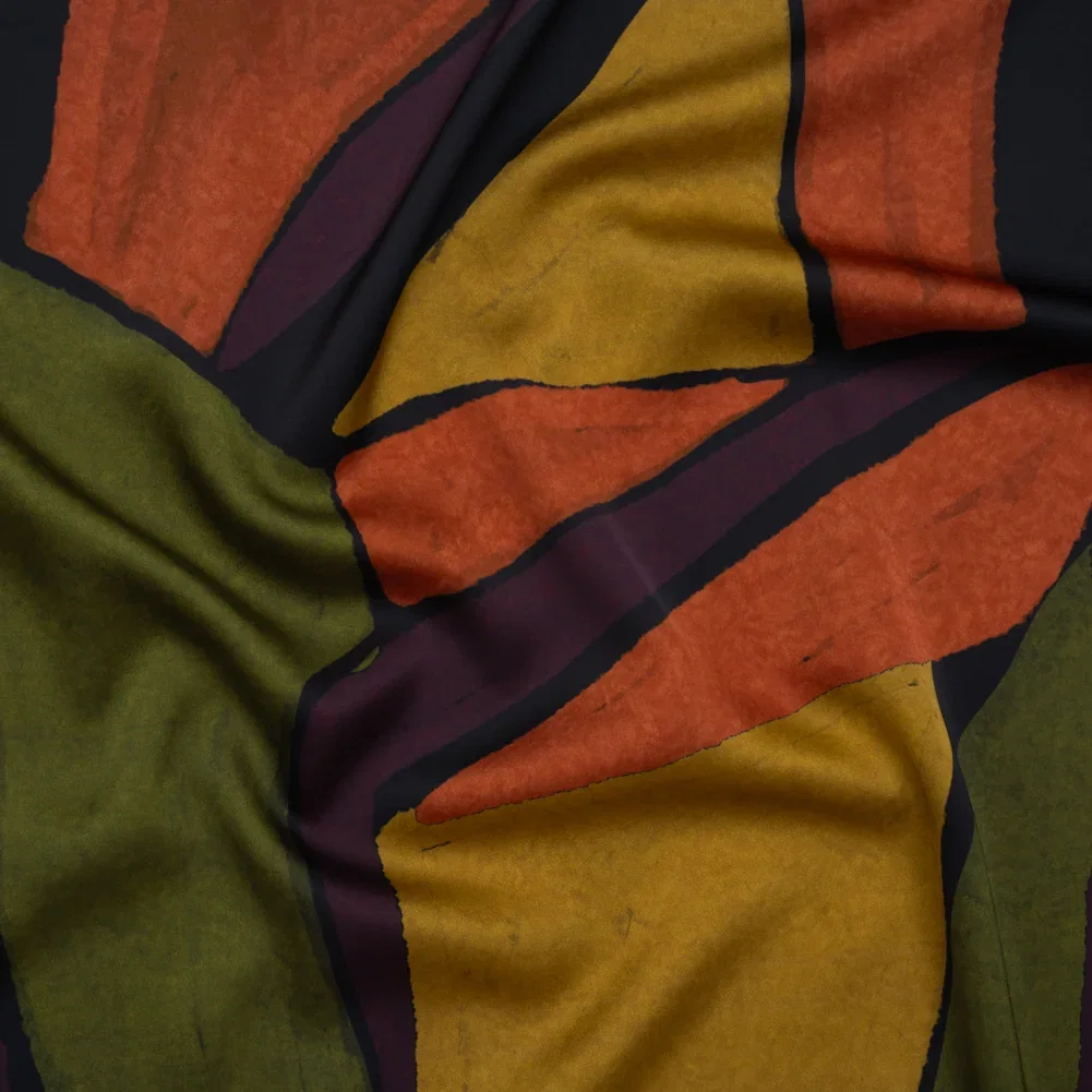 Image of Polyester Satin - Olive Green, Aubergine and Mustard Abstract Shapes - Mood Exclusive Terra Mosaic Print