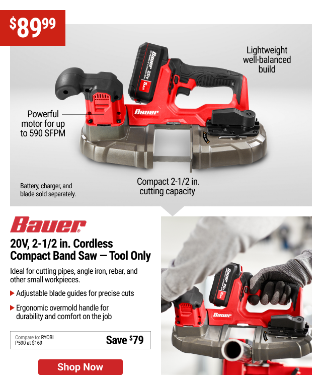 BAUER 20V, 2-1/2 in. Cordless Compact Band Saw - Tool Only