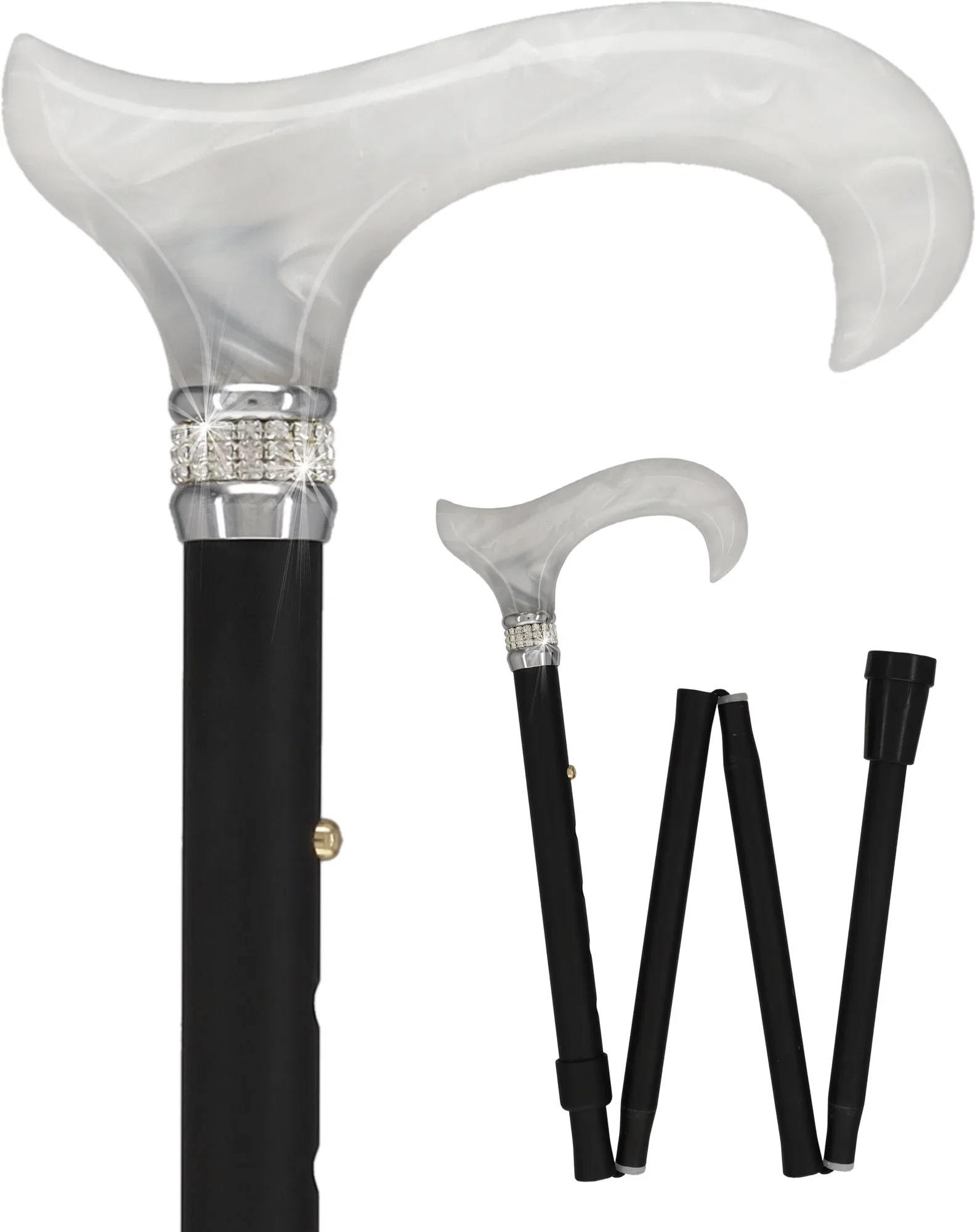 Image of Black and White Pearlz with Rhinestone Collar and Black Designer Adjustable Orthopedic Folding Cane