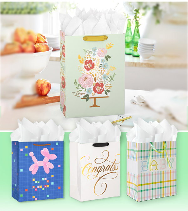 Assortment of gift bags with tissue for everyday occasions.