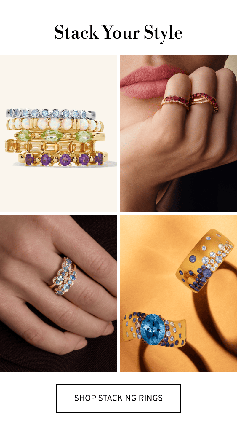 A collage of various colorful gemstone rings being stacked and worn. Stack Your Style. Click to Shop Stacking Rings