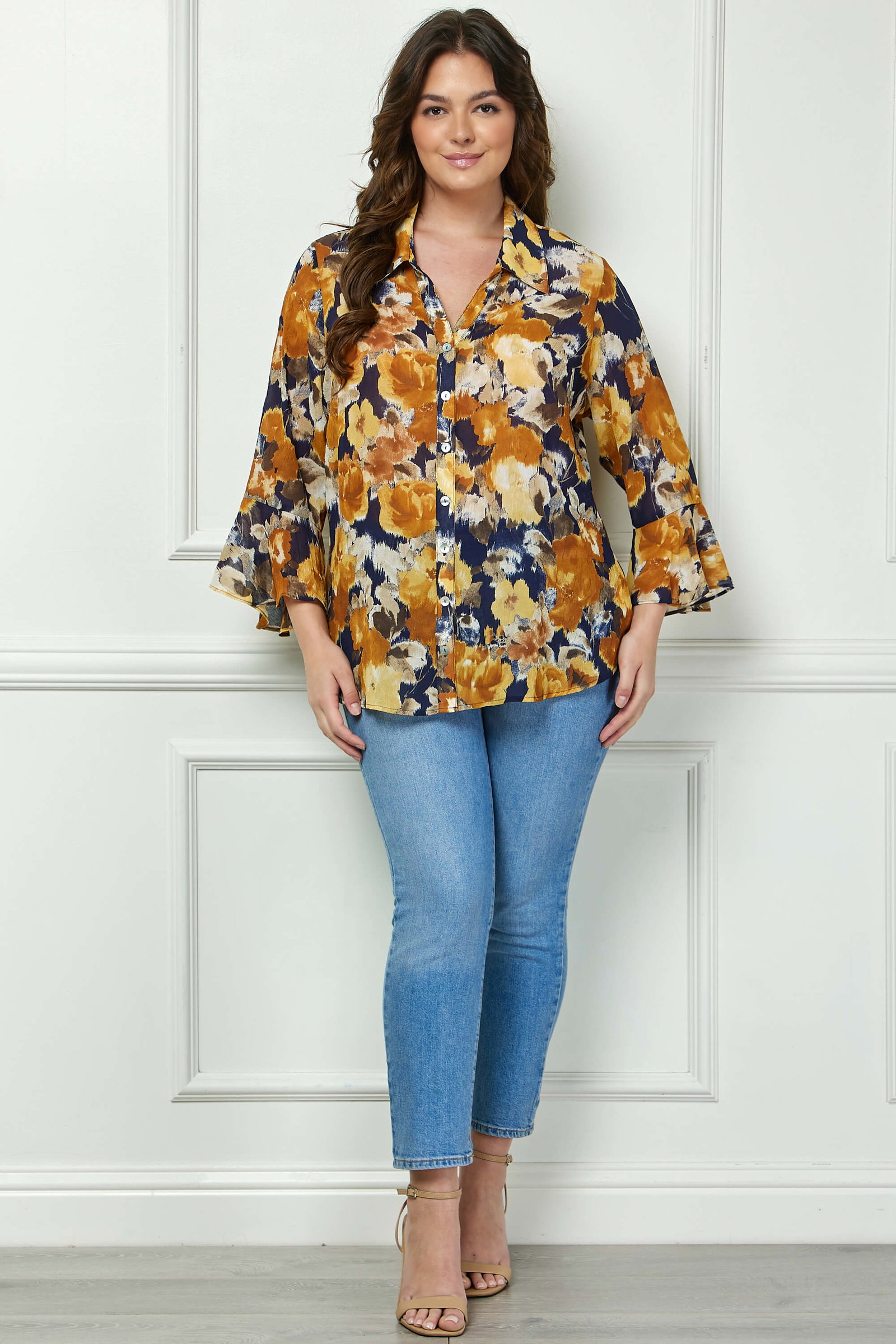 Image of 3/4 Ruffle Sleeve Swing Blouse in Navy/Gold - Plus