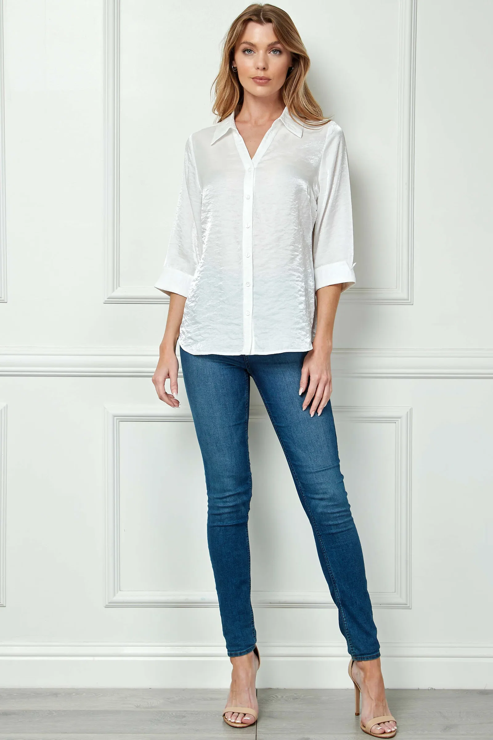 Image of 3/4 Notch Sleeve Button Front Spread Collar Blouse in White