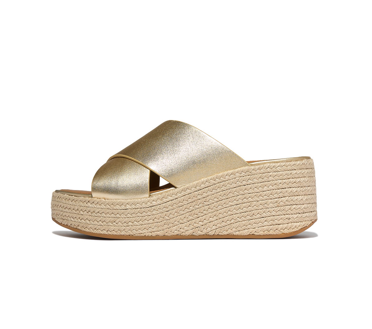 PLATFFORMS Espadrille Metallic-Leather Wedge Cross Slides - Platino