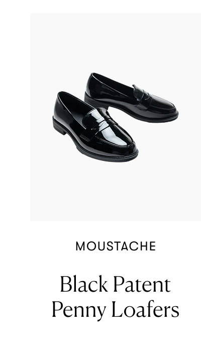 Moustache: Black Patent Penny Loafers 