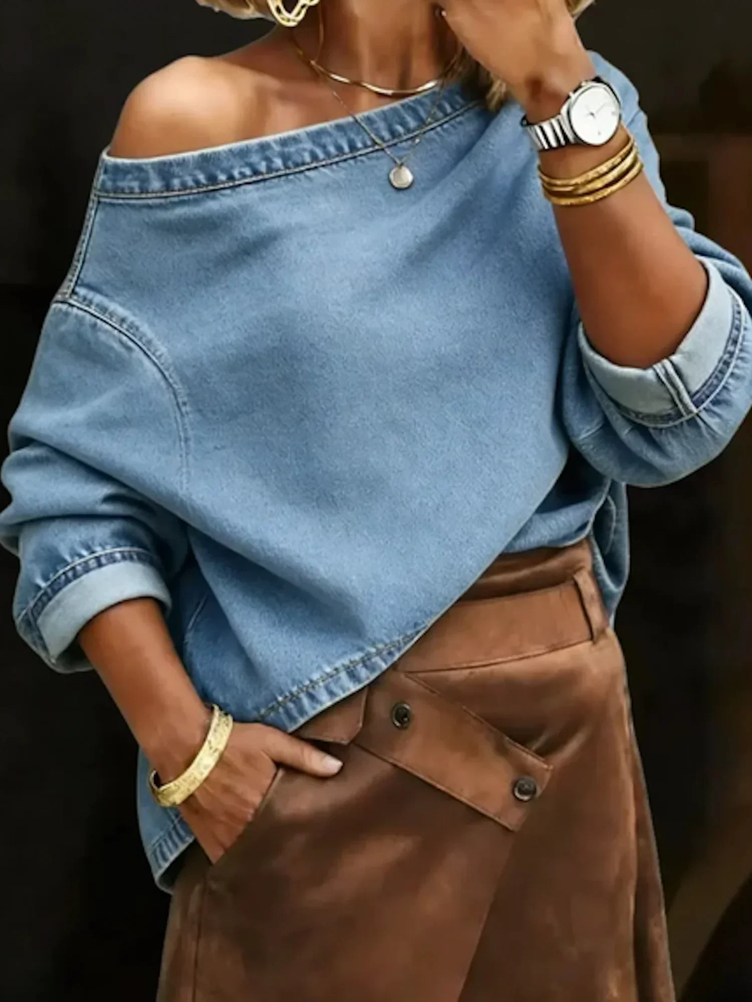 Casual Plain Asymmetrical Denim Top