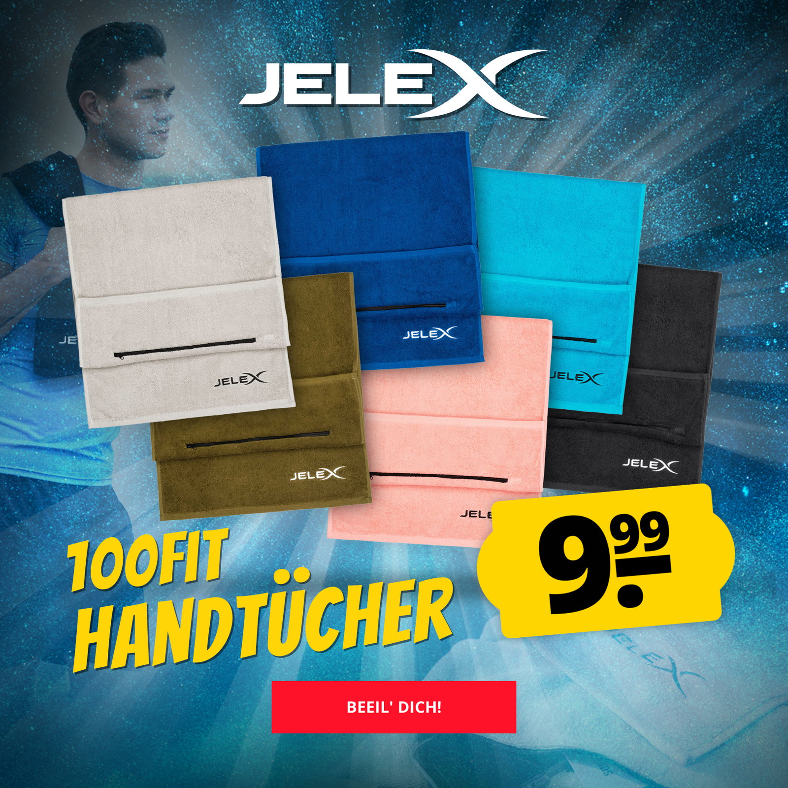 JELEX "100FIT" Fitness Handtuch mit Zip-Tasche royalblau