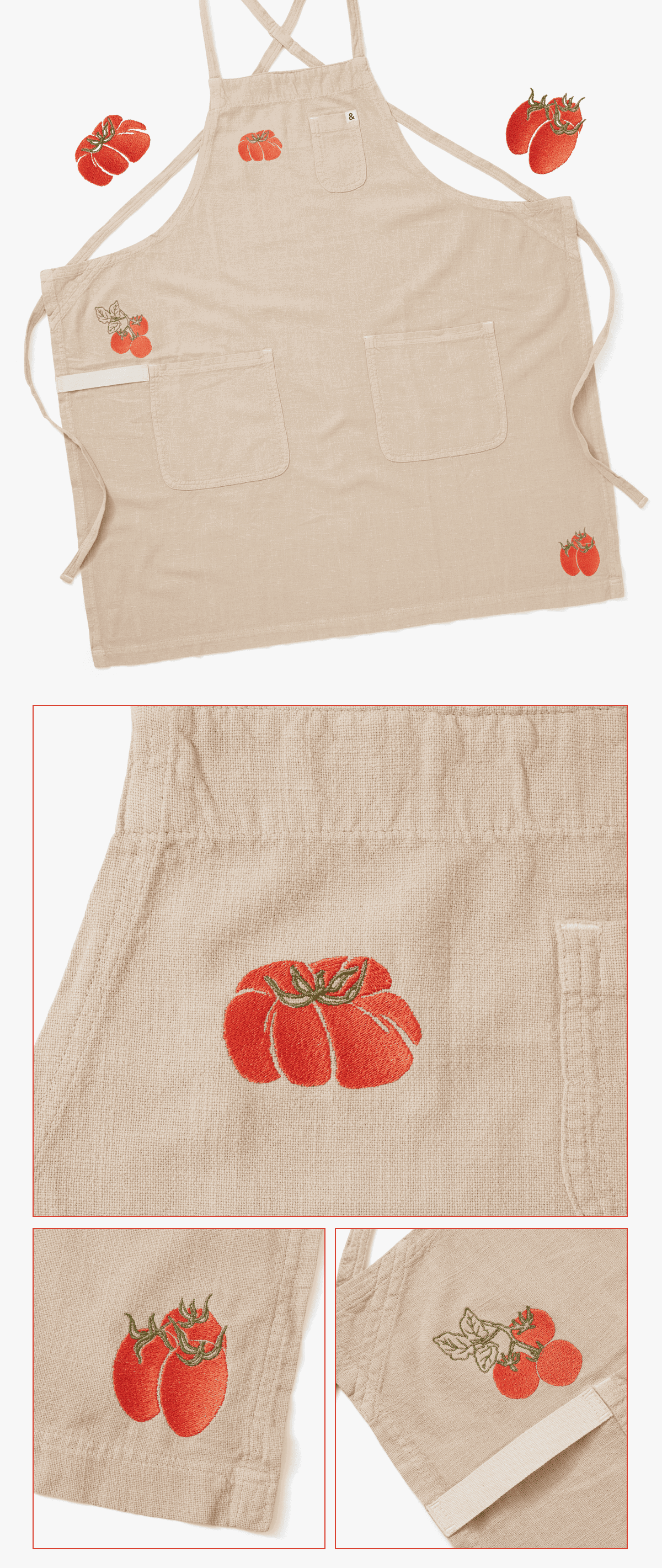 NEW ARRIVAL | The Heirloom Tomatoes Apron | Ripe, ready, and effortlessly charming. | The Heirloom Tomatoes Minimalist Apron celebrates one of summer's most beloved ingredients, set on our polished oat Minimalist silhouette with three tomato embroideries showcasing all their beautiful variety and character. | Shop NOW
