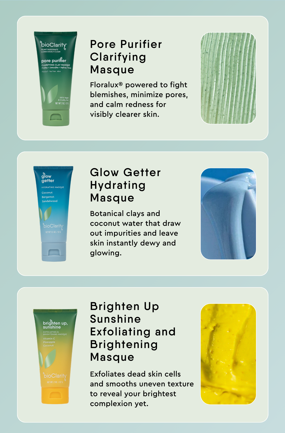 Pore Purifier Clarifying Masque, Glow Getter Hydrating Masque, Brighten Up, Sunshine Exfoliating & Brightening Masque