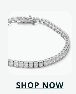 Classic silver tennis bracelet with square-cut stones. Click here to shop now