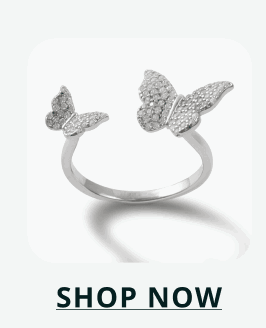 Sterling silver ring with two stone-encrusted butterflies. Click here to shop now