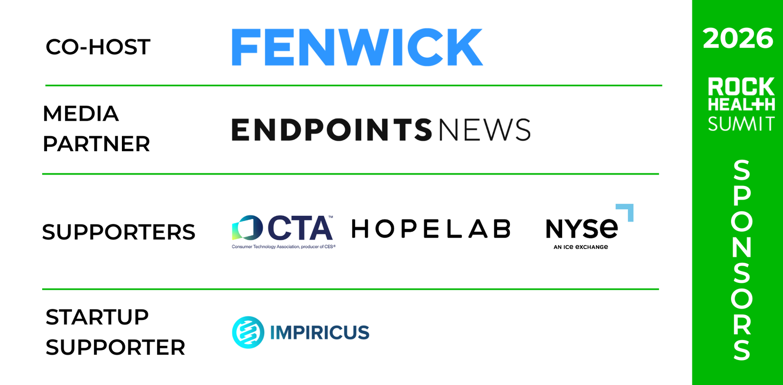 Rock Health Summit 26 sponsors including Fenwick, Endpoints News, CTA, Hopelab, NYSE, and Impiricus
