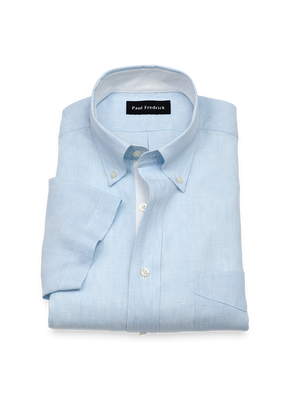 Non-Iron Linen Solid Short Sleeve Dress Shirt With Contrast Trim - Light Blue-Classic Fit / 17.5