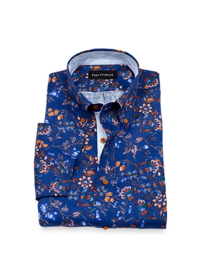 Non-Iron Linen Floral Short Sleeve Dress Shirt With Contrast Trim - Cobalt-Classic Fit / 17