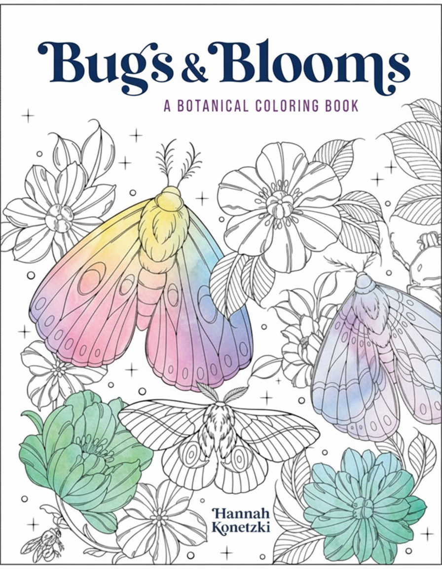 Cover of "Bugs & Blooms: A Botanical Coloring Book" featuring moths and flowers.