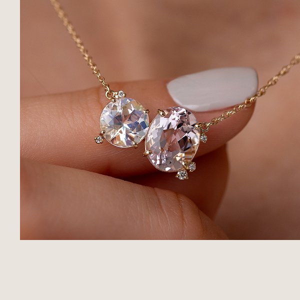 Overview of pieces in the Moonstone Collection, shown worn by a model