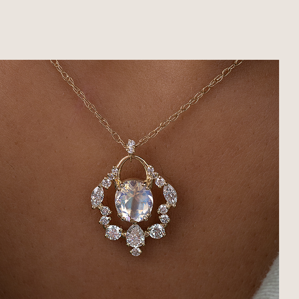 Overview of pieces in the Moonstone Collection, shown worn by a model