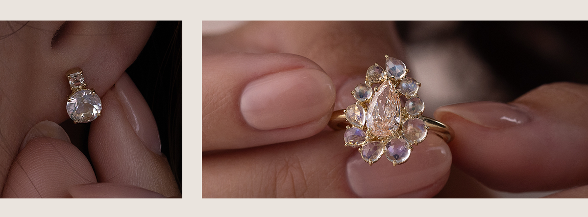 Overview of pieces in the Moonstone Collection, shown worn by a model