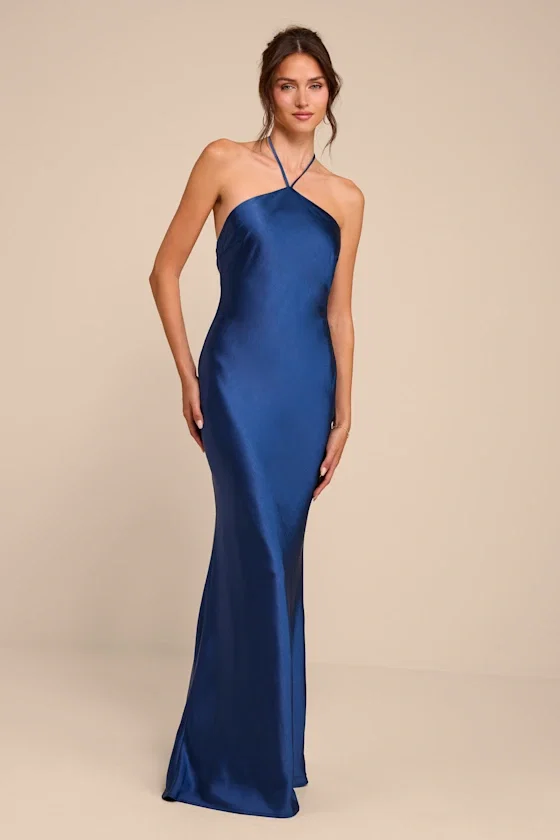 Image of Roya Navy Satin Halter Backless Maxi Dress