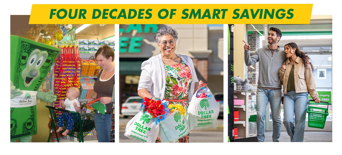 Four Decades of Smart Savings. Three images of Dollar Tree customers over the years.