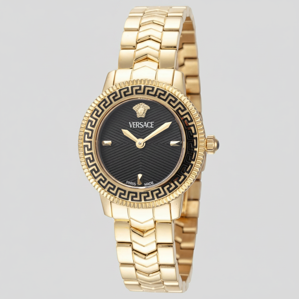 Gold Versace watch with a black dial and Greek key bezel.