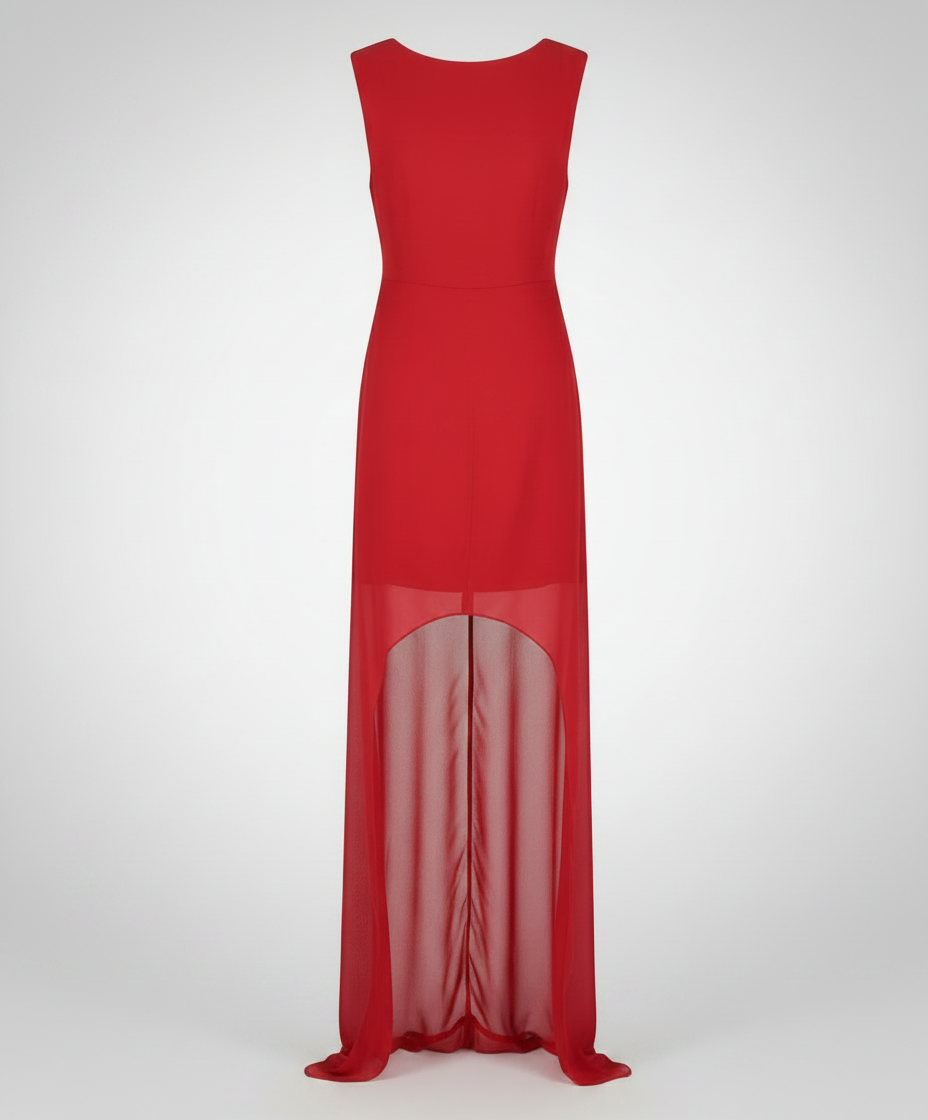 A red sleeveless maxi dress with a sheer overlay on the skirt.