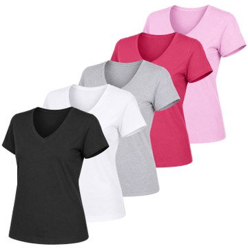 5-Pack Women’s Relaxed Fit V-Neck Short Sleeve T-Shirt – 100% Cotton with Double-Stitched Hem (S-2XL)
