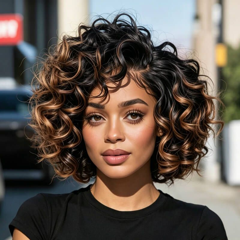 1B Honey Caramel Balayage Highlight Short Tight Curly Bob Wig Baby Hair Natural Hairline Glueless Human Hair Wigs