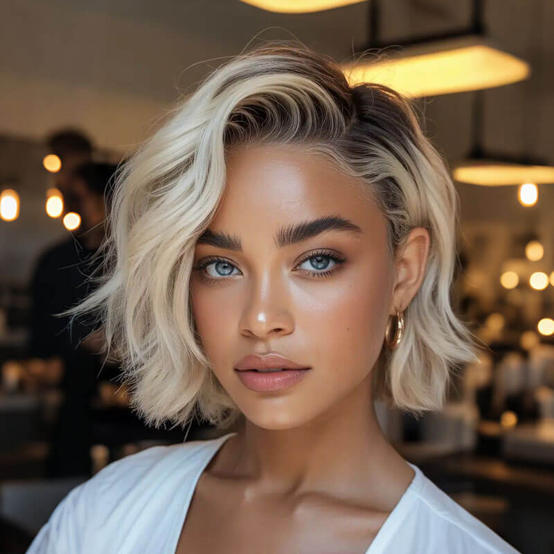 Side Part Short Textured Wavy Bob Wig Dark Root Platinum Blonde Ombre Human Hair Lace Front Wig Natural Hairline