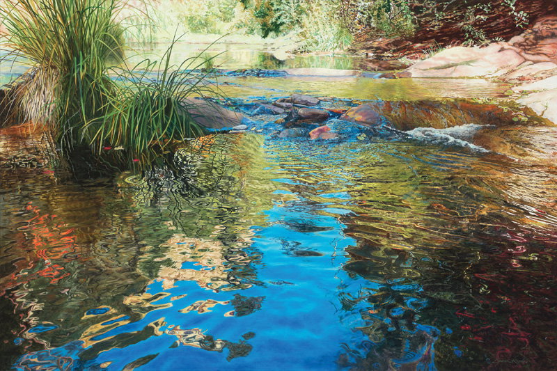 Creekside Reflections Revisited (oil on linen, 40 x 60)  by Lauren Knode. 19th Annual Over 60 Art Competition (2025).